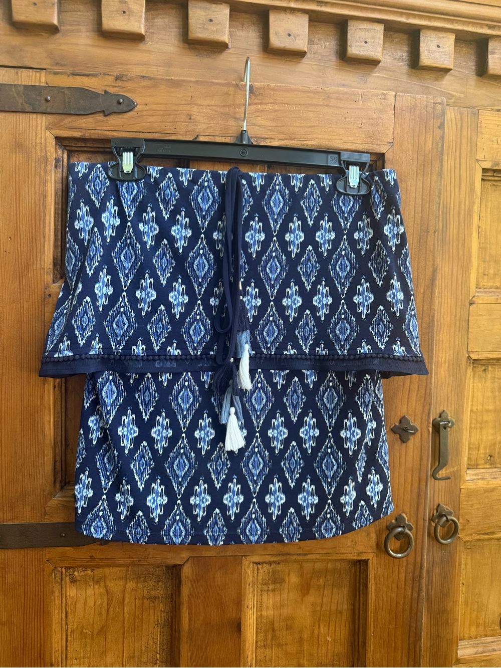 White House Black Market Navy and White Patterned Tassel Tie sleeveless tube top